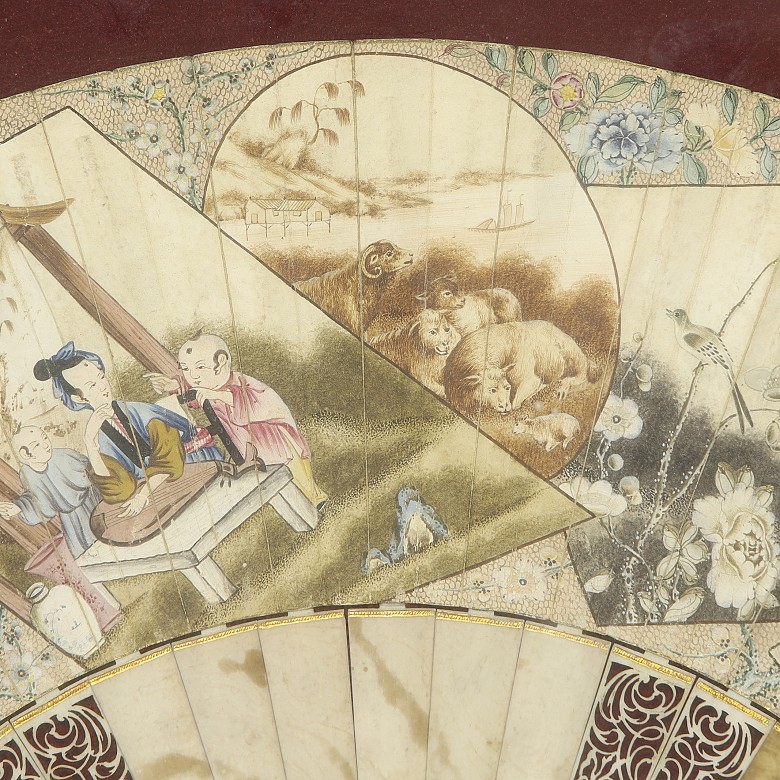 Chinese fan with bone stick ‘Rural Scenes’, 20th century