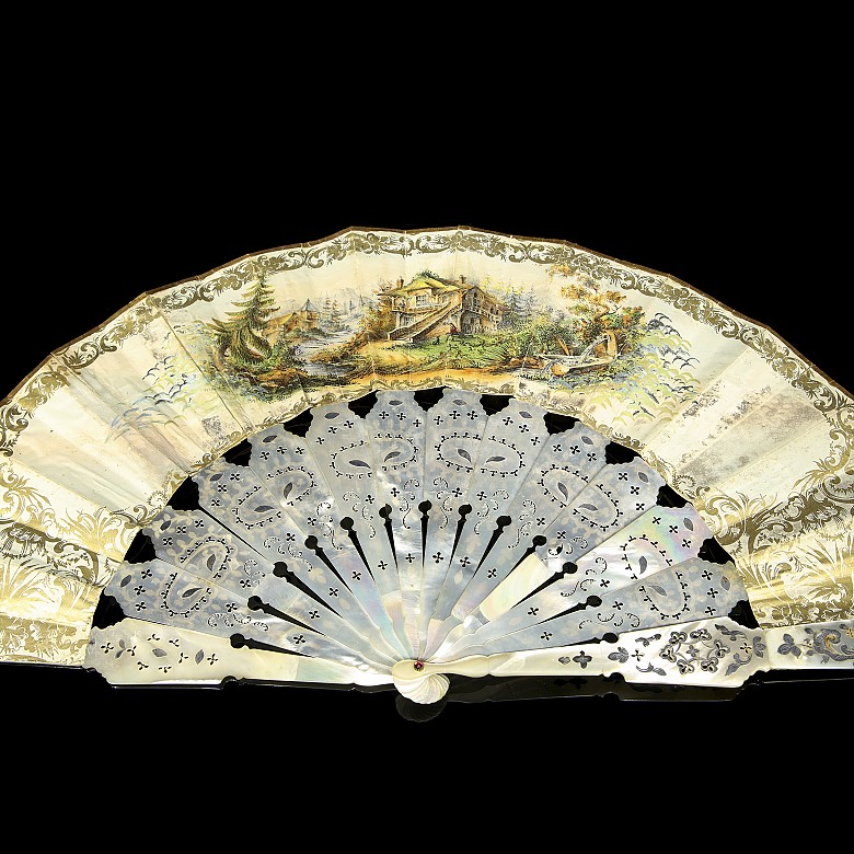 Mother-of-pearl fan ‘Romantic Scene’, 20th century