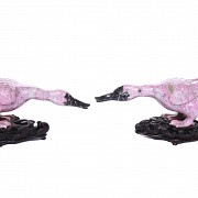 Pair of carved jasper geese, 20th century