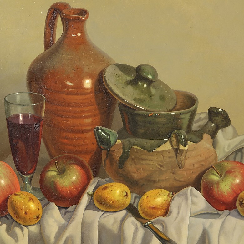 E. Segarra ‘Still life with wine and fruit’, 20th century