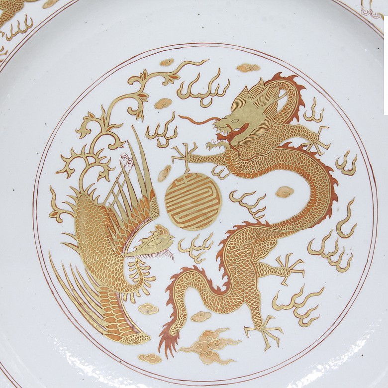 Large plate with dragon and phoenix, 20th century