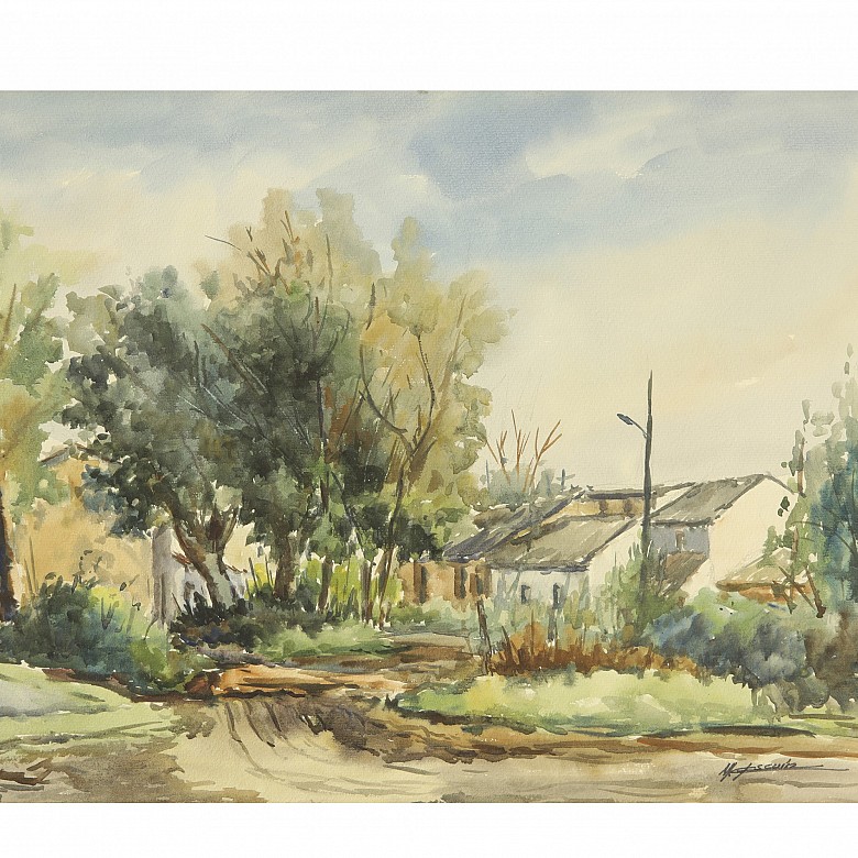 Watercolor (20th century) “Road with houses”