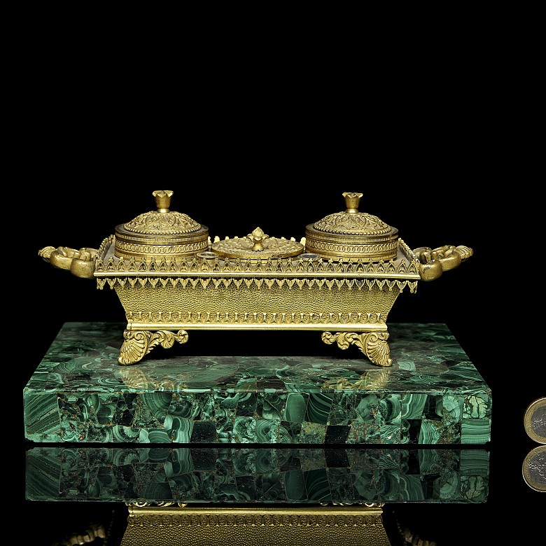 Louis XIV style scribe's desk on malachite, 19th century