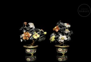 Pair of flowerpots with stone bonsai trees, 20th century