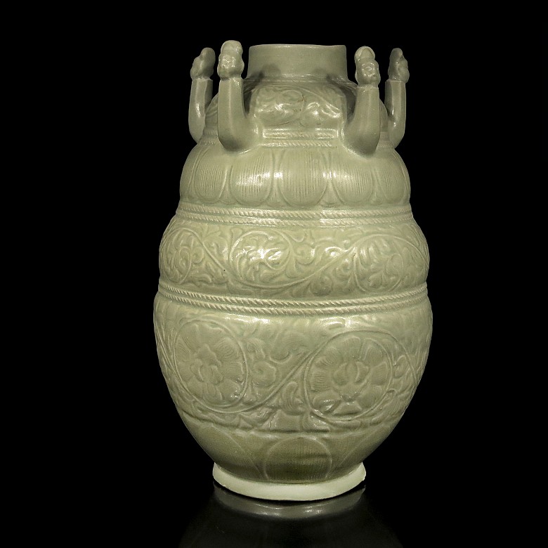 Vase with reliefs glazed in olive green, 20th century