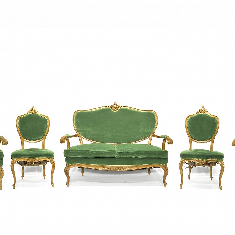 Seating furniture group upholstered in green velvet, 20th Century