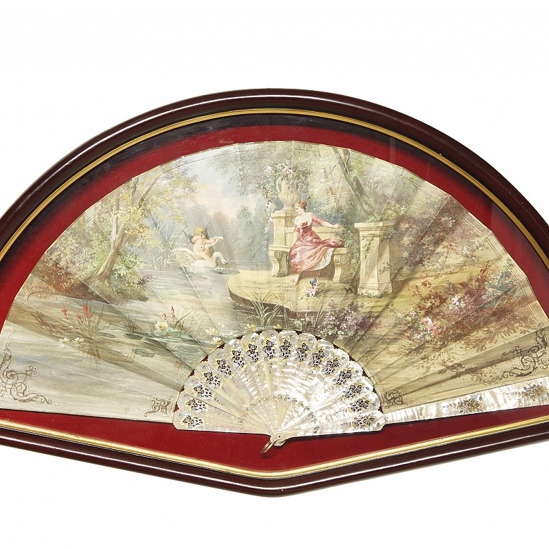 Mother-of-pearl fan with fan holder ‘Cupid on the lake’, 20th century