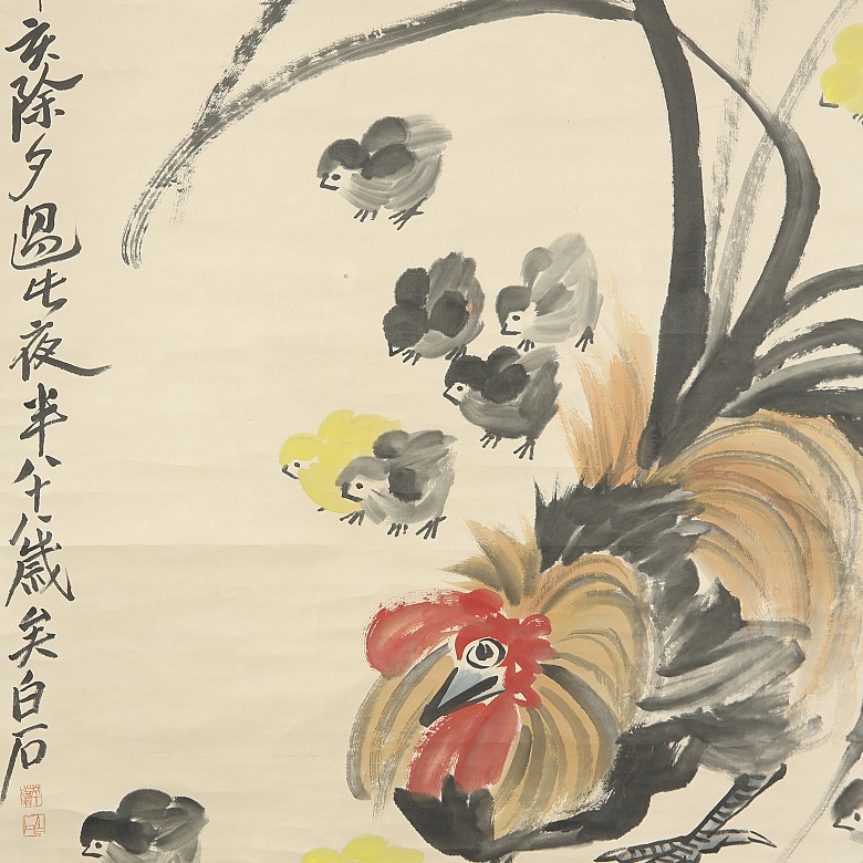 Chinese painting ‘Cockerel with chicks’, 20th century