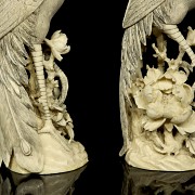 Pair of ivory carvings ‘Phoenix on branch’, early 20th century