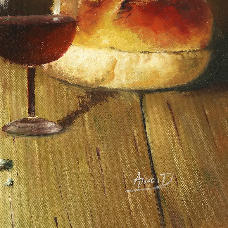 Ana D. (20th century) ‘Still life with wine and cheese’