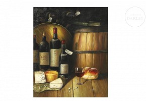 Ana D. (20th century) ‘Still life with wine and cheese’