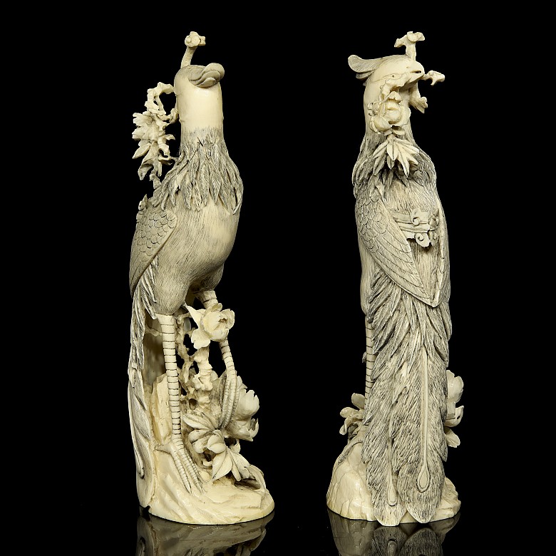 Pair of ivory carvings ‘Phoenix on branch’, early 20th century