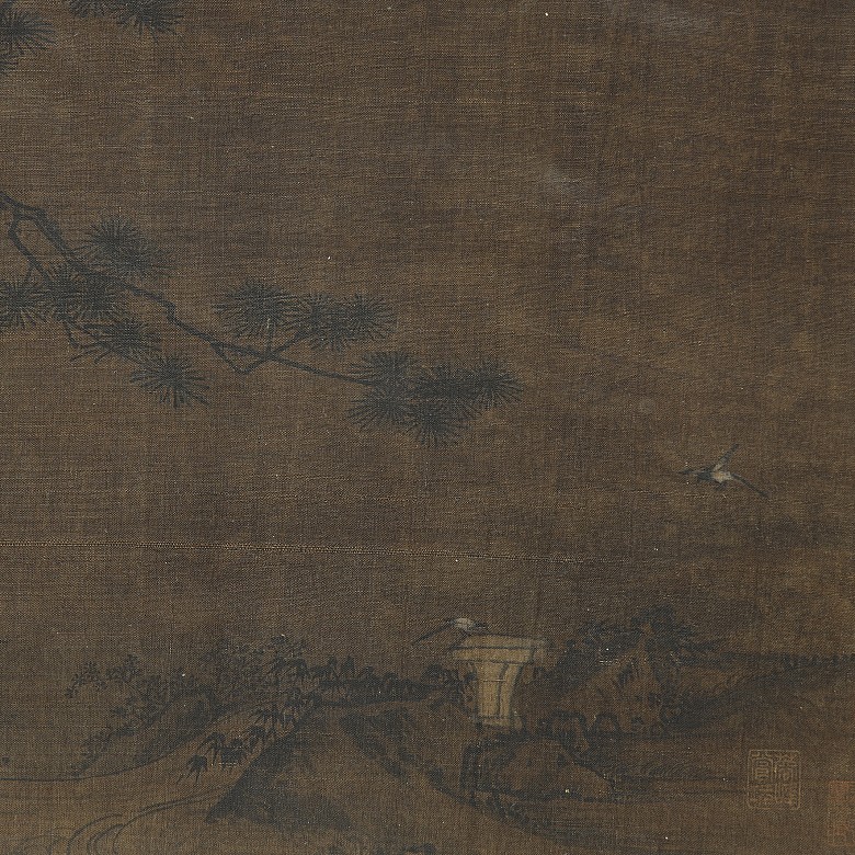 Chinese silk painting ‘River, pine, spring and bird’, Song dynasty