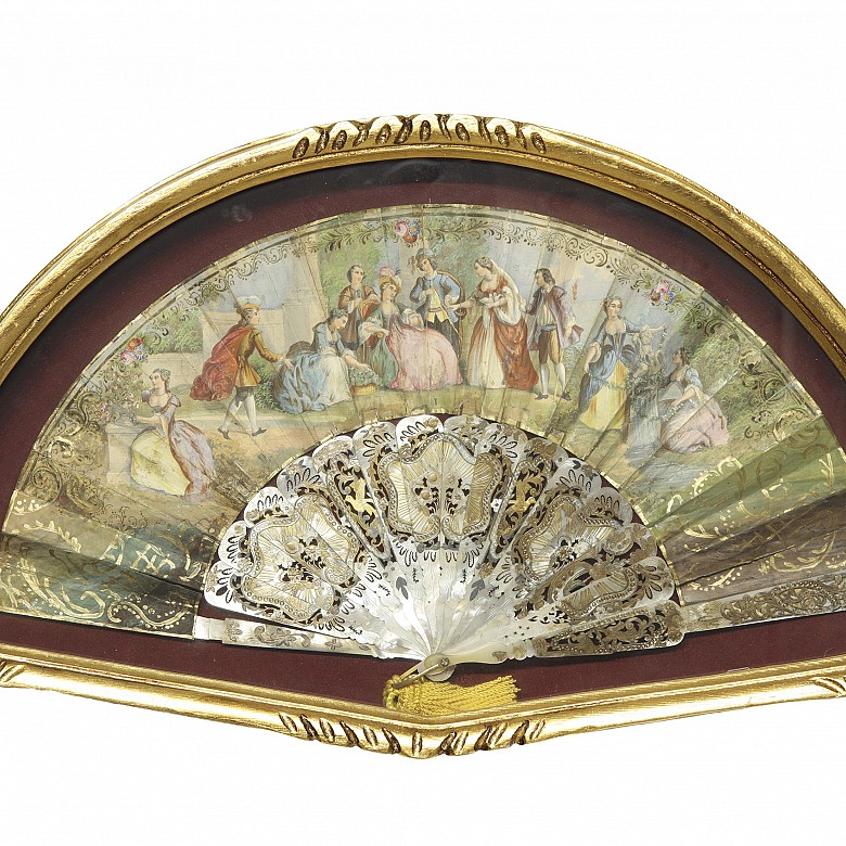 Mother-of-pearl fan with fan holder ‘Society Scene’, 20th century