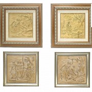 Vicente Andreu. Four wood carvings with frame, 20th century.