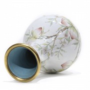 Enameled metal vase with peaches, 20th century