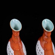 Pair of glazed vases with coral background and scenes, Minguo