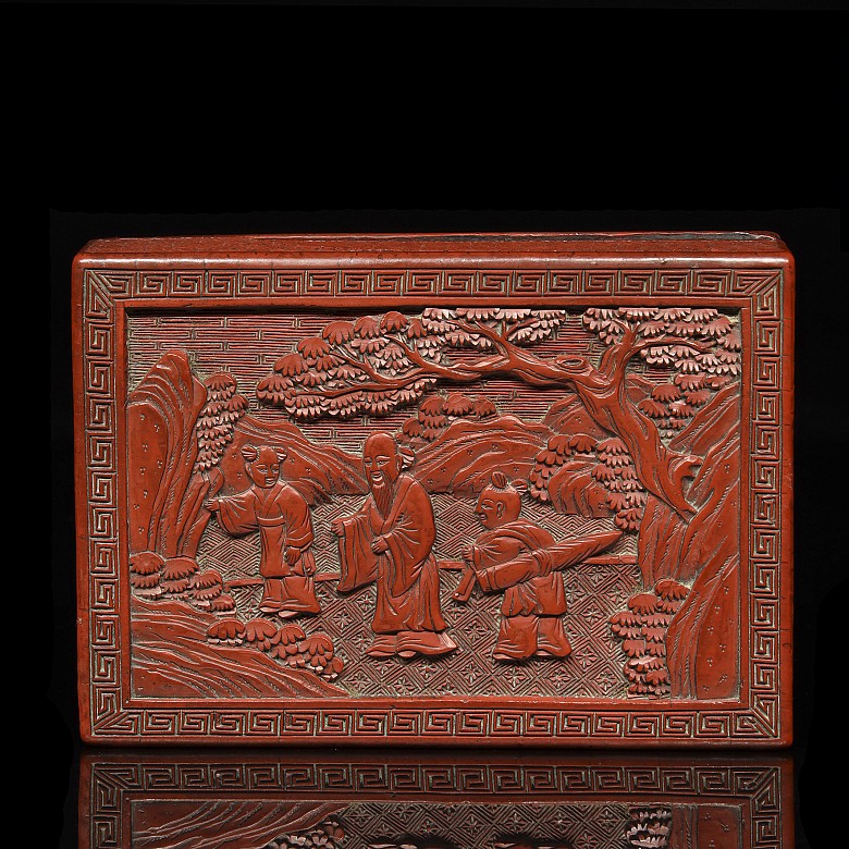 Caja rectangular de laca de cinabrio, dinastía Qing