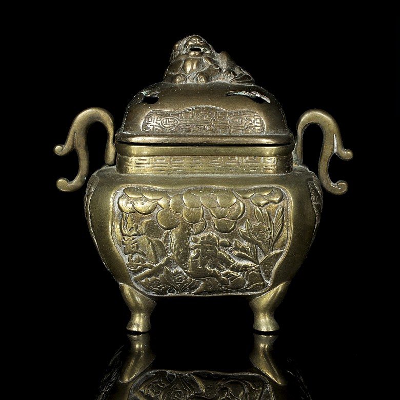 Chinese metal censer with reliefs, 20th century