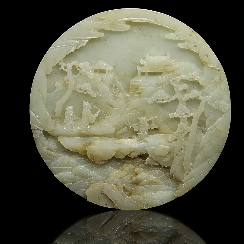 Carved jade panel 'landscape with characters', Qing dynasty