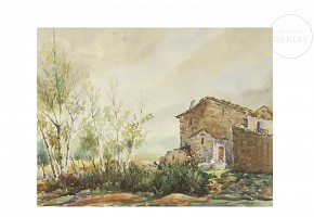 Watercolor (20th century) “Country landscape with house”