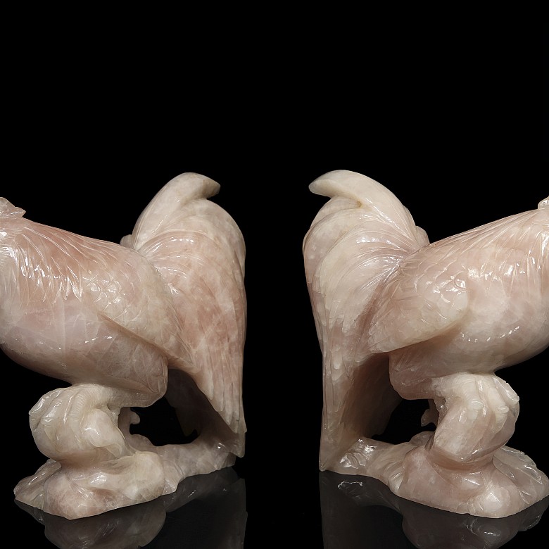 Pair of carved quartz roosters, China.