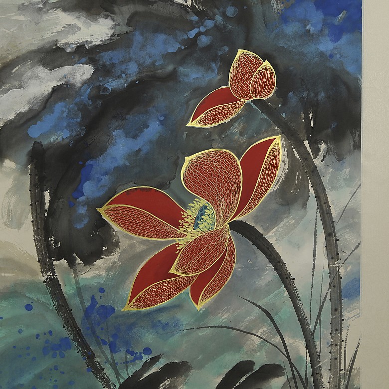 Chinese painting ‘Lotuses and poem’, 20th century