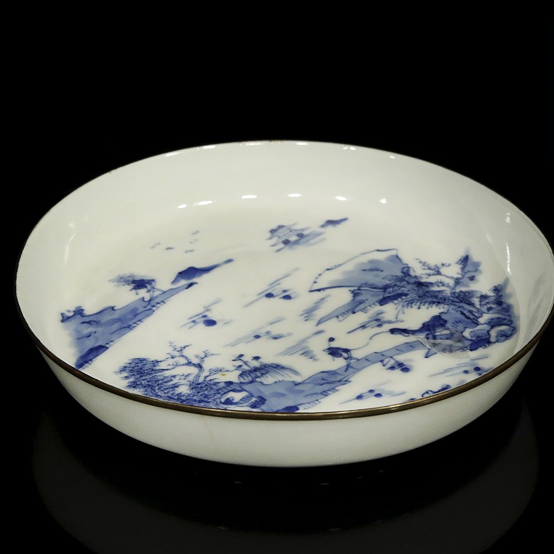 Porcelain dish with a landscape, blue and white, 20th century