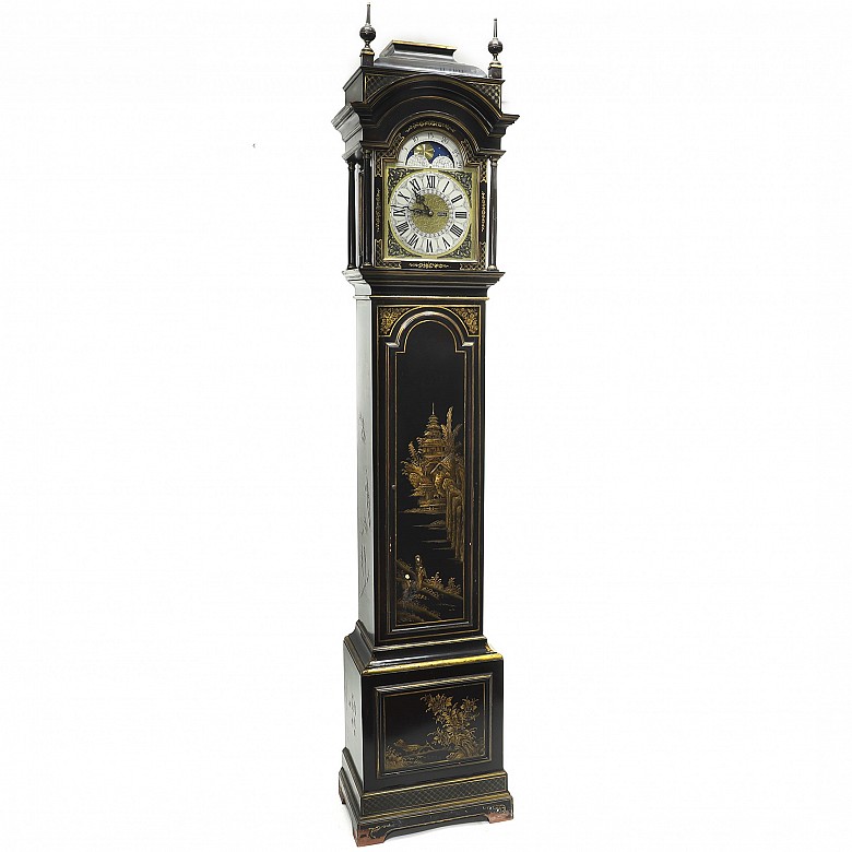 Lacquered tall case clock with oriental-style decoration, 20th century