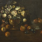 19th century Spanish School ‘Still life with flowers and pomegranates’