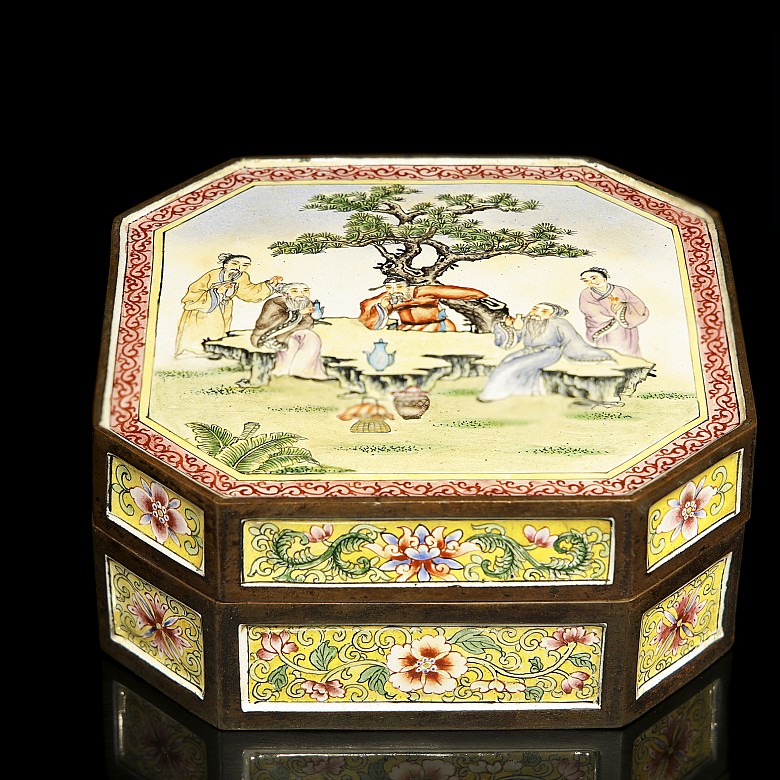 An enameled bronze box, mid-20th century