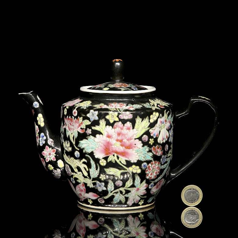 Porcelain enamelled, black family, ‘flowers’ teapot, 20th century