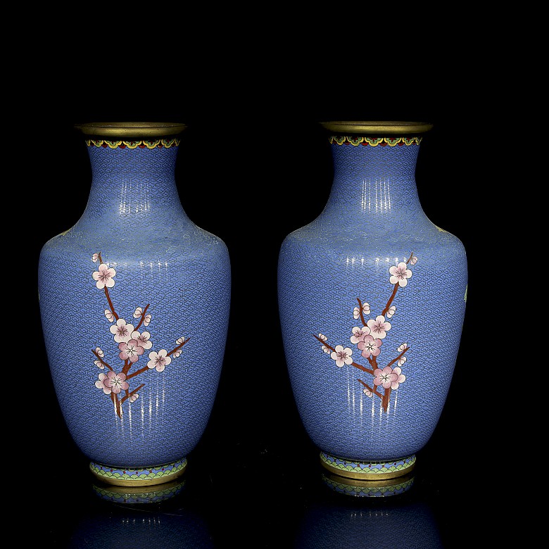 Pair of bronze vases with cloisonné decoration, 20th century