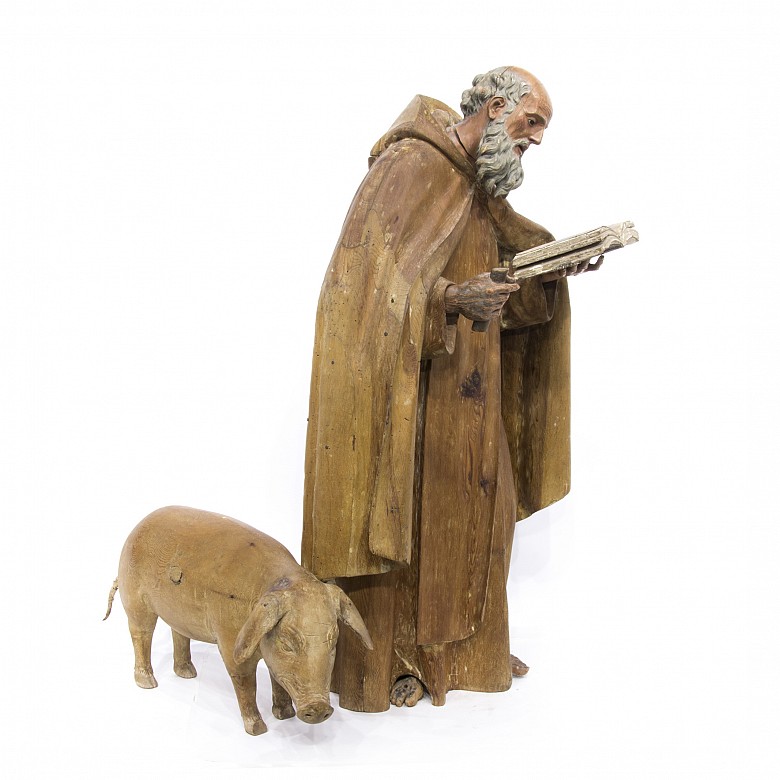 Wooden sculpture of Saint Anthony the Abbot and a pig, 19th century - 2