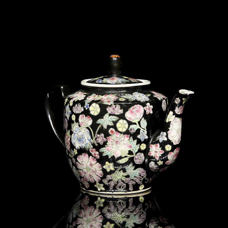 Porcelain enamelled, black family, ‘flowers’ teapot, 20th century