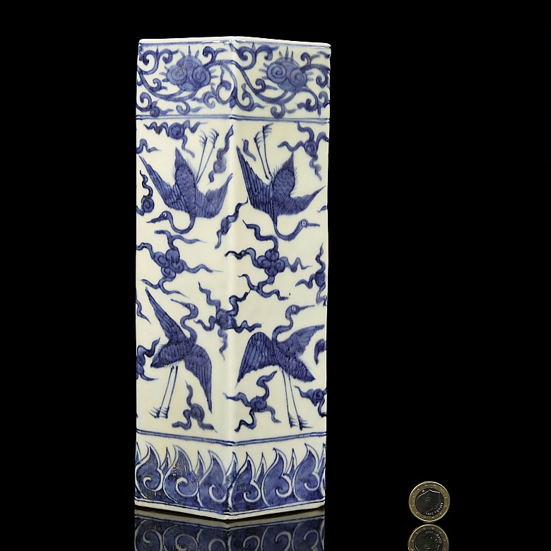 Hexagonal vase, blue and white, 20th century