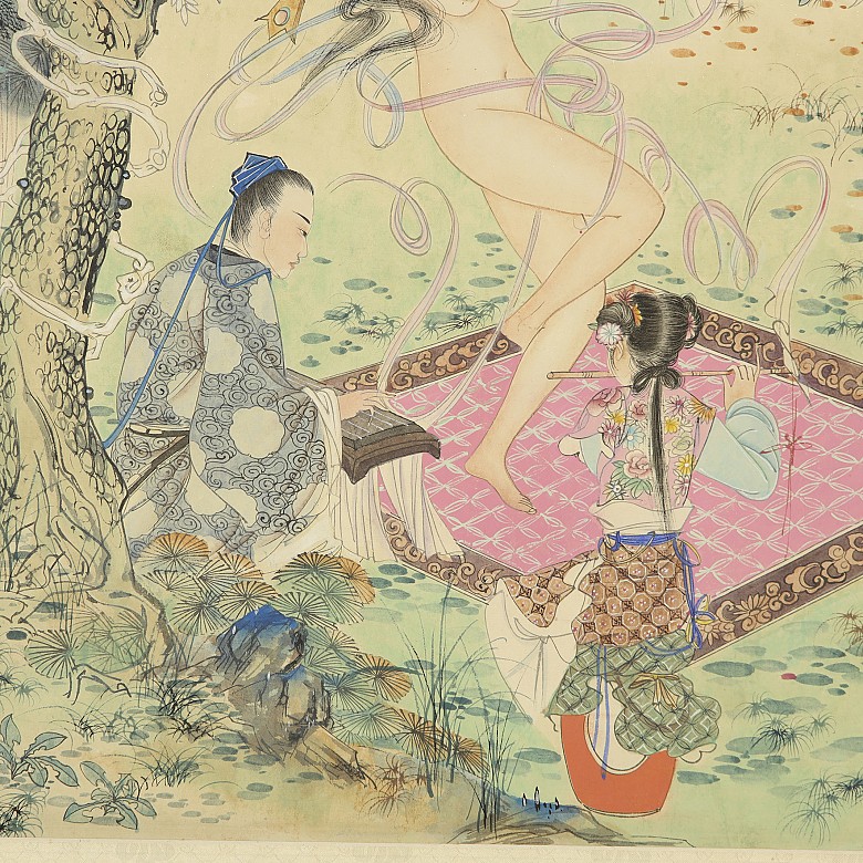 Chinese painting ‘Musicians in the garden’, signed Hu Ruofo