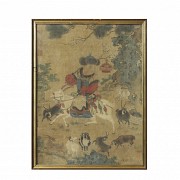 Chinese painting ‘Young Yuan playing with baby rams’, Qing dynasty