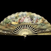 Fan with metal and bone band and paper country, 19th century