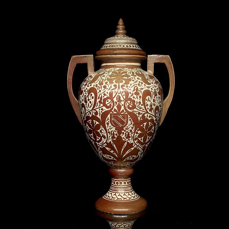 Large vase with porcelain handles and metallic lustre, 20th century