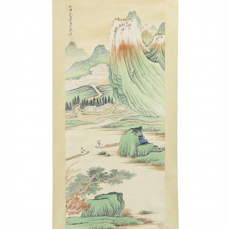 Painting ‘Mountains with characters and boats’ with signature Zhang Daqian - 1