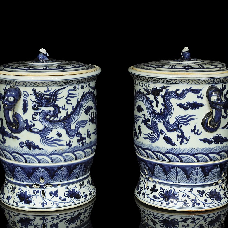 Pair of large lidded containers, 20th century