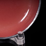 Red glazed porcelain dish with silver applications, Qing dynasty