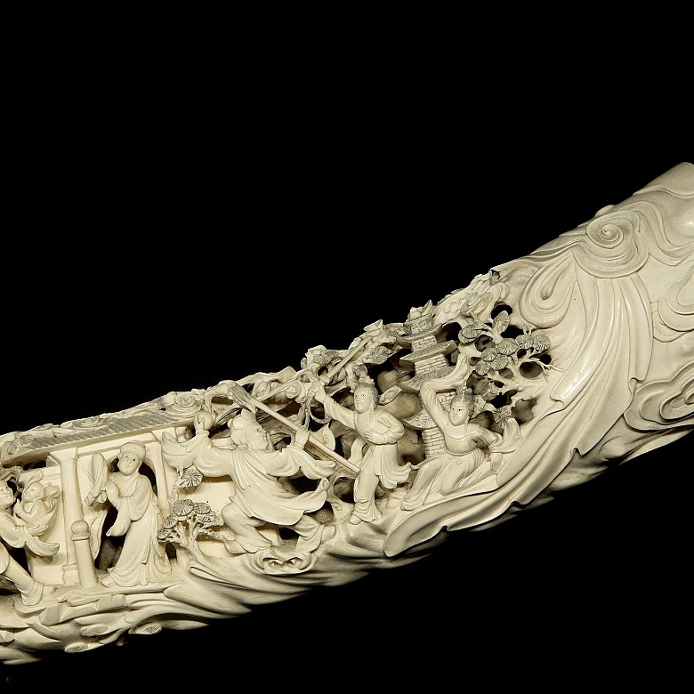 Carved ivory tusk ‘Immortals’ on wooden base, 19th century