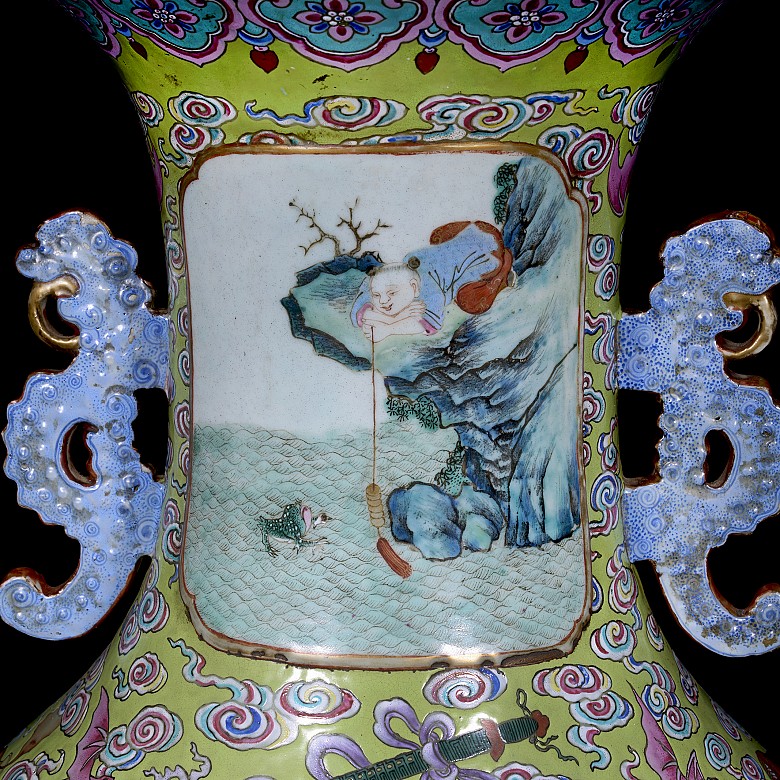 Pair of large enamelled ‘Celebration’ famille rose vases, Qing dynasty