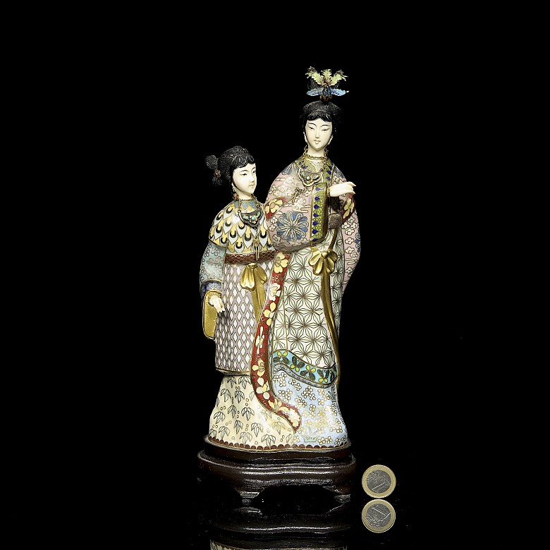 Figure with bronze and cloisonné enamel applications ‘Ladies’, 20th century