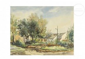 Watercolor (20th century) “Road with houses”