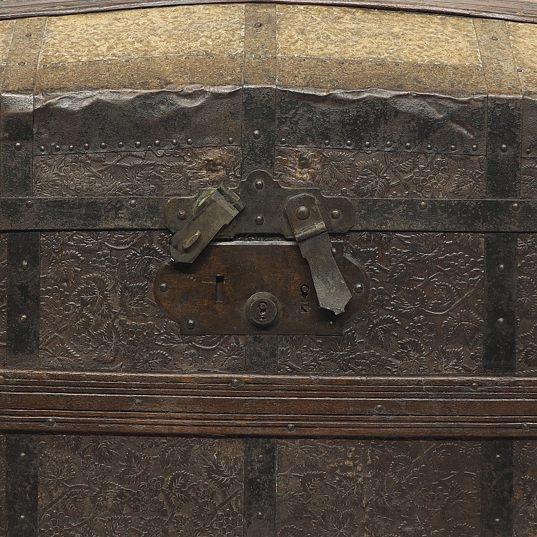 Metal and embossed leather chest, 19th century