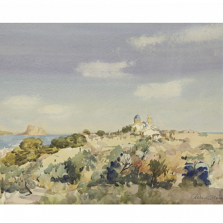 Watercolour (20th century) ‘Coastal village’