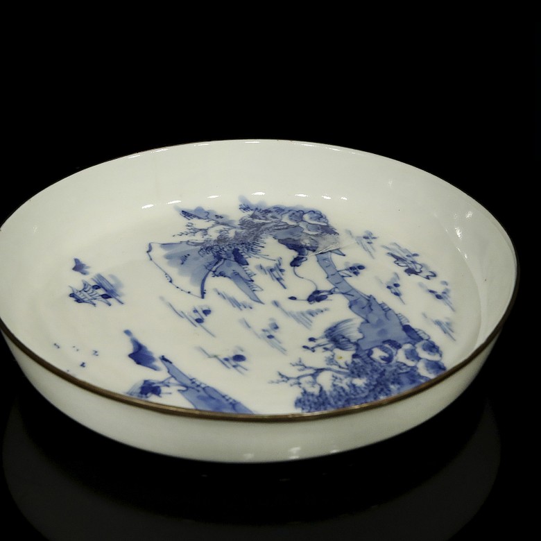 Porcelain dish with a landscape, blue and white, 20th century